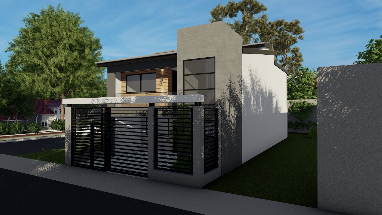 Render de fachada frontal de la casa residencial moderna en desarrollo, con portón de acceso y volumen de dos niveles.
