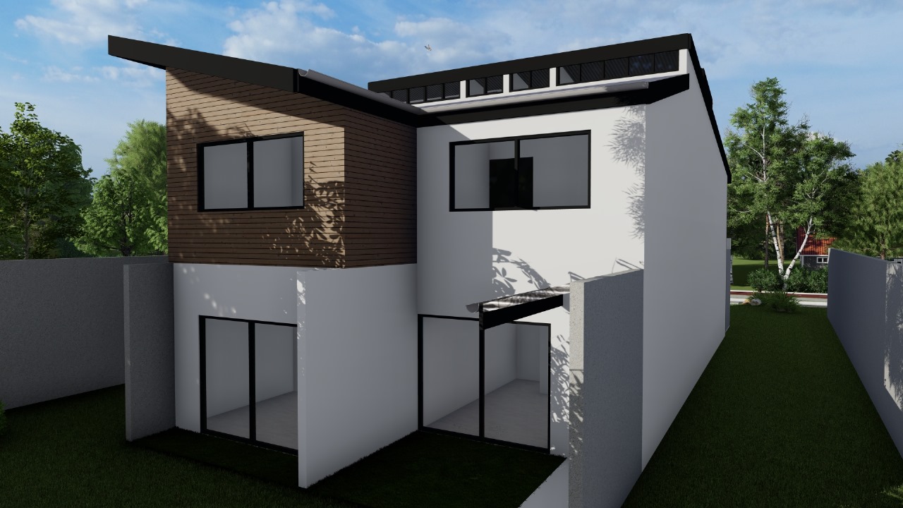 Render de la fachada posterior de la misma vivienda, mostrando el revestimiento de madera en el segundo nivel.